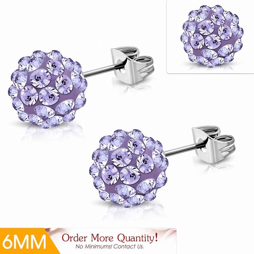 6mm | Boucles d'oreilles Shamballa en acier inoxydable Argil Disco Ball avec violet clair / violet CZ (paire)