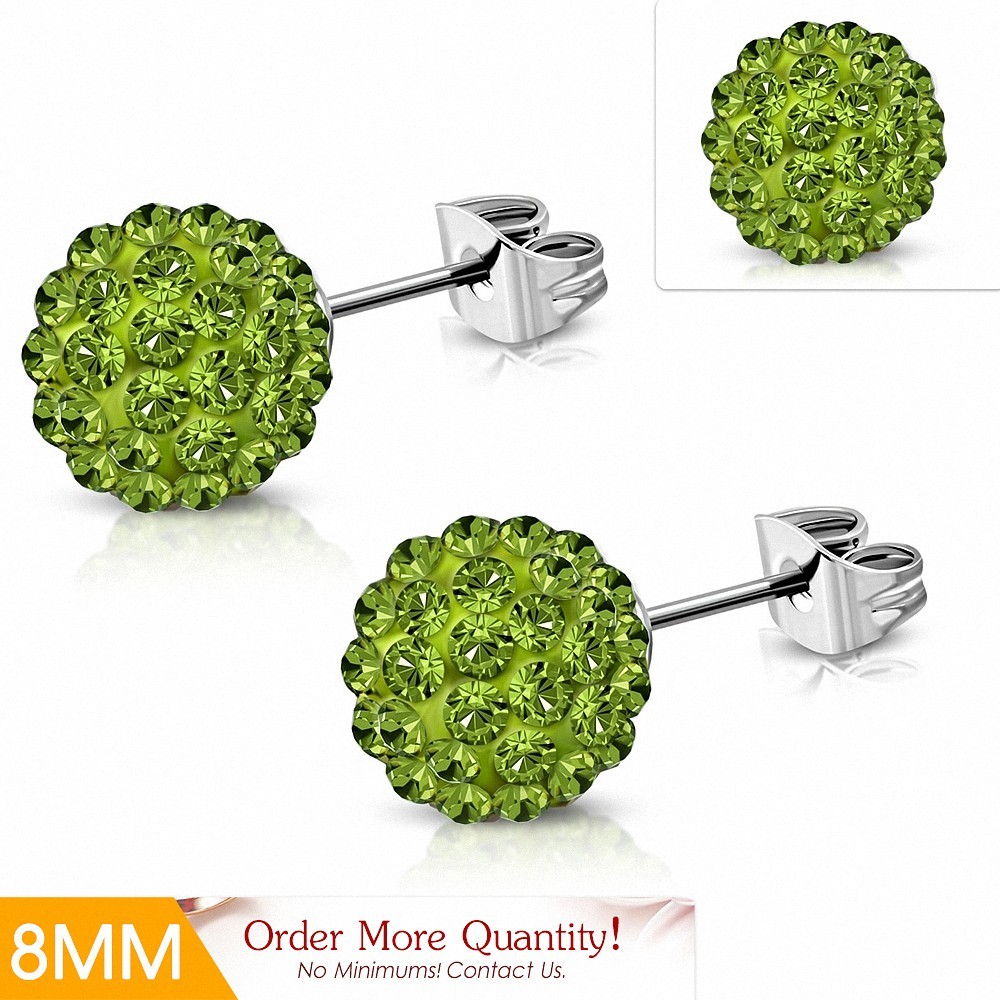 8mm | Boucles d'oreilles Shamballa en acier inoxydable Argil Disco Ball avec Olivine légère CZ (paire)