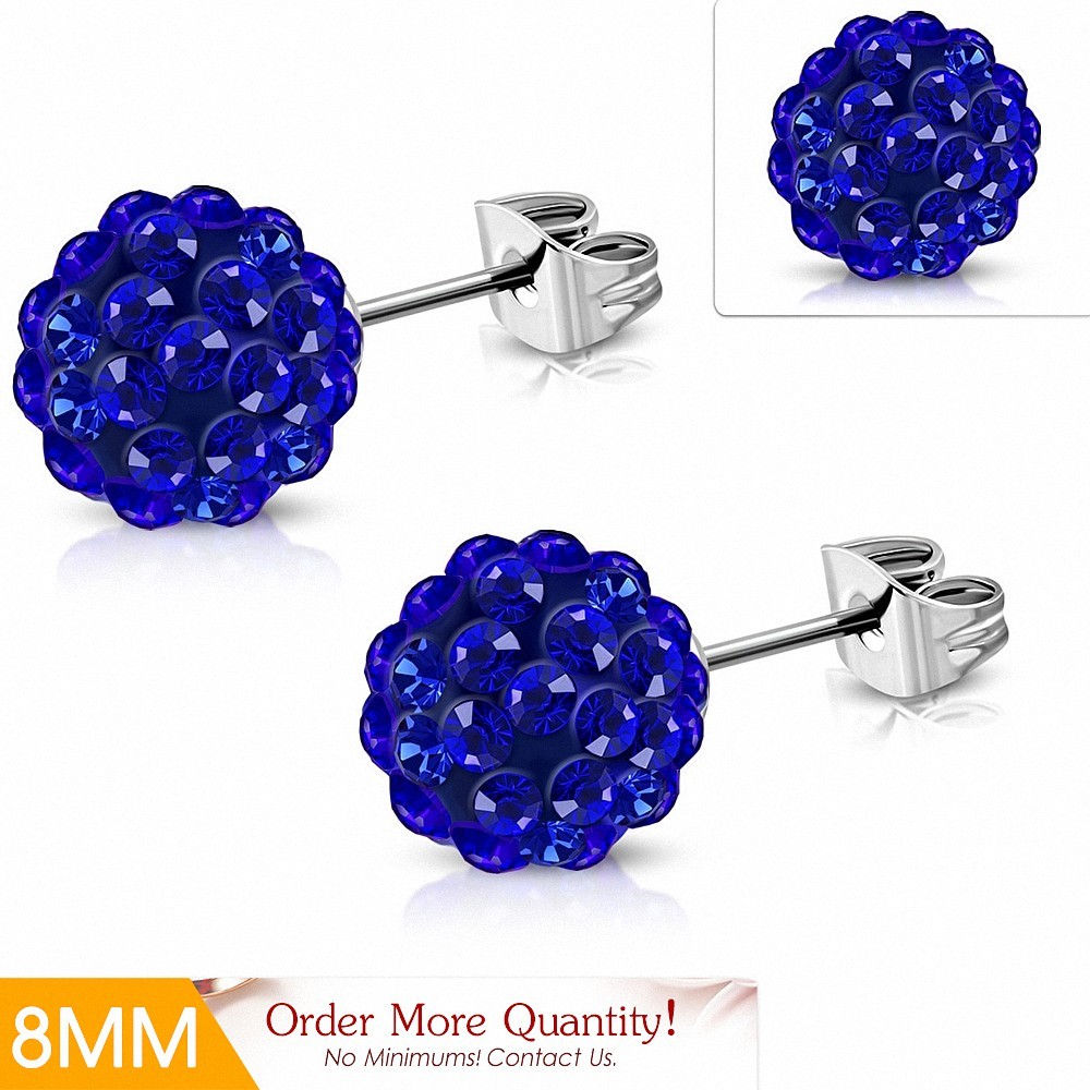 8mm | Boucles d'oreilles Shamballa en acier inoxydable Argil Disco Ball avec capri bleu CZ (paire)