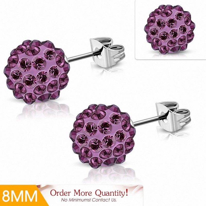 8mm | Boucles d'oreilles Shamballa en acier inoxydable Argil Disco Ball avec CZ de lavande (paire)