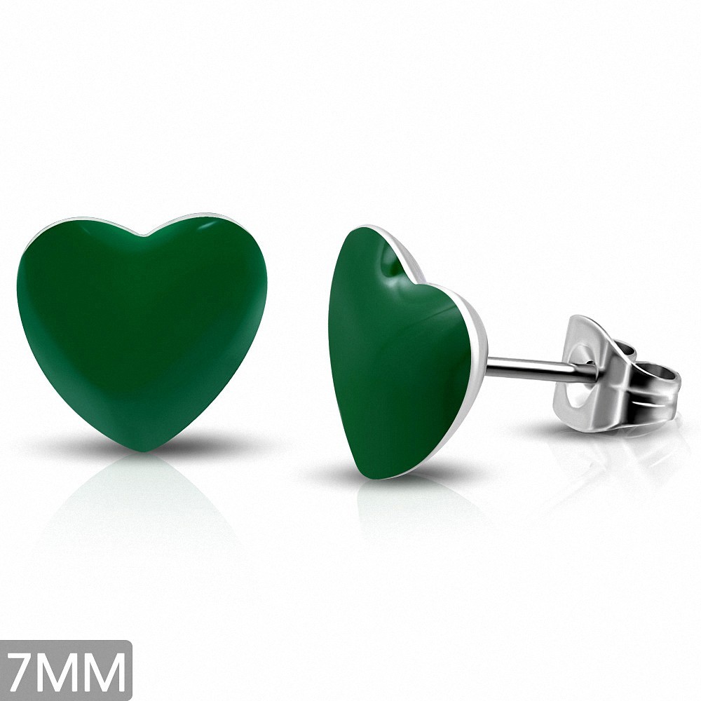 7mm | Boucles d'oreilles clous en forme de coeur Love Green en acier inoxydable 2 tons (Paire)