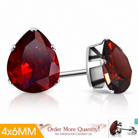 4x6mm | Boucles d'oreilles clous acier inoxydable avec pendentif et larme en forme de pendentif en forme de larme rouge CZ