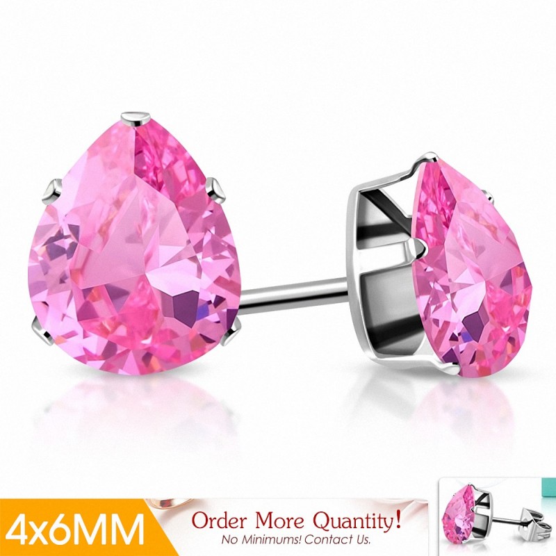 4x6mm | Boucles d'oreilles clous en acier inoxydable avec poire / larme et pendentif en forme de larme avec rose CZ rose