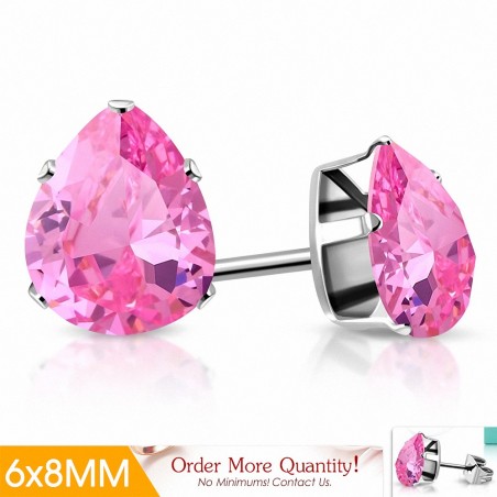 6x8mm | Boucles d'oreilles clous en acier inoxydable avec poire / larme et cZ rose-rose (paire)