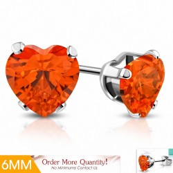 6mm | Boucles d'oreilles en forme de coeur en forme de coeur en acier inoxydable avec coeur en jacinthe orange CZ (paire)