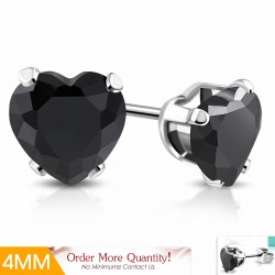 4mm | Boucles d'oreilles en forme de coeur en forme de coeur en acier inoxydable avec cœur en Jet Black CZ (paire)