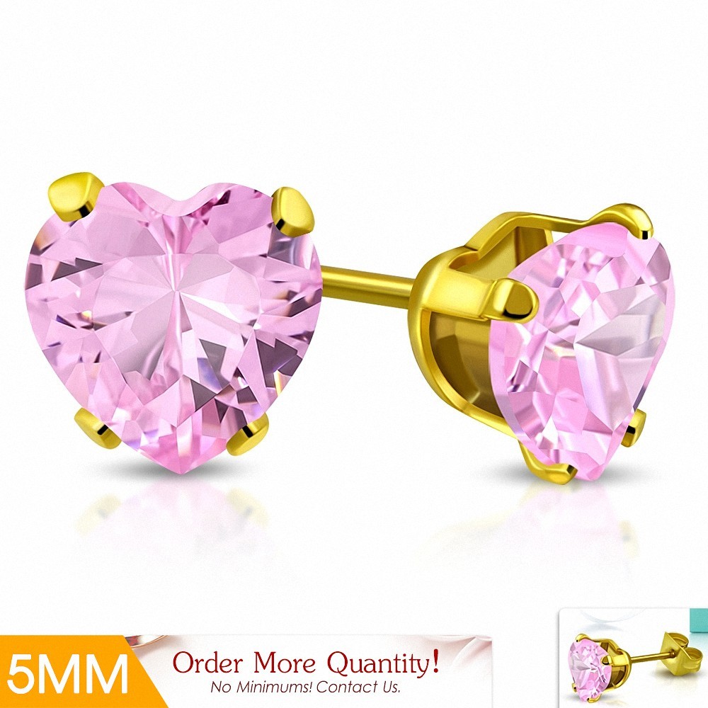 5mm | Boucles d'oreilles en forme de coeur en forme de coeur en acier inoxydable doré avec coeur avec rose CZ rose (paire)