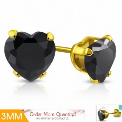 3mm | Boucles d'oreilles en forme de coeur en forme de coeur en acier inoxydable doré avec coeur en noir de jais (paire)