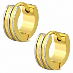 4mm | Boucles d'oreilles Huggie côtelées côtelées à deux tons en acier inoxydable plaqué de couleur d'or (paire)