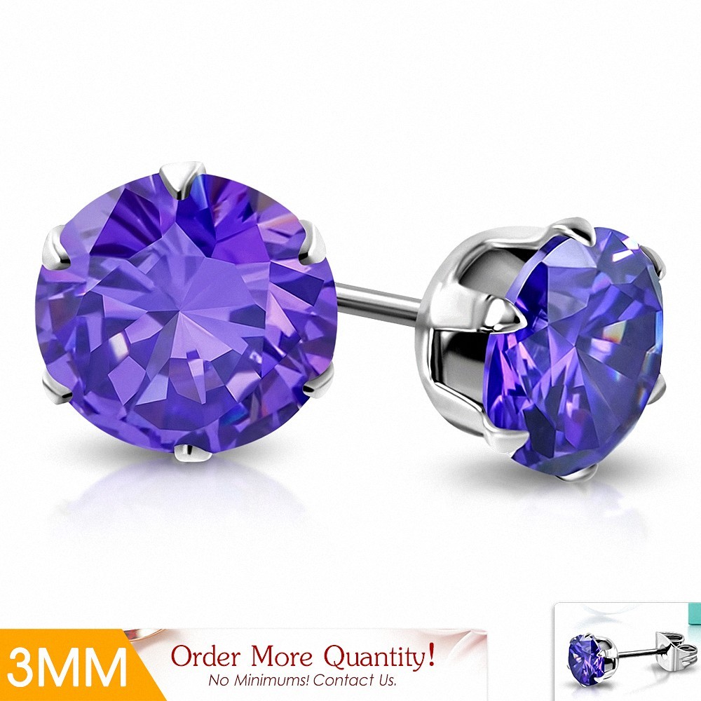 3mm | Boucles d'oreille rondes en acier inoxydable avec cercle et bracelets en  Violet CZ (paire)