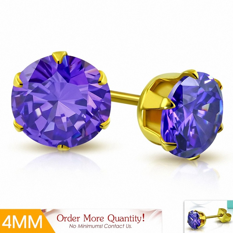 4mm | Boucles d'oreille rondes en acier inoxydable doré avec rondelles et clouss en argent doré - Violet / Violet CZ (paire)