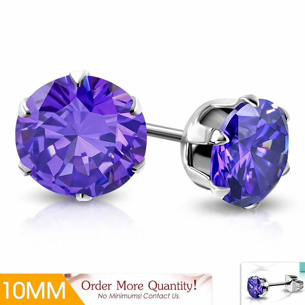 10mm | Boucles d'oreille rondes en acier inoxydable avec cercle et bracelets en  Violet CZ (paire)