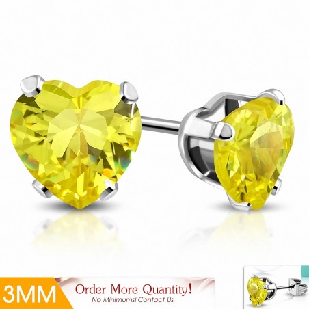 3mm | Boucles d'oreilles en forme de coeur en acier inoxydable avec coeur d'amour avec cz jaune (paire)