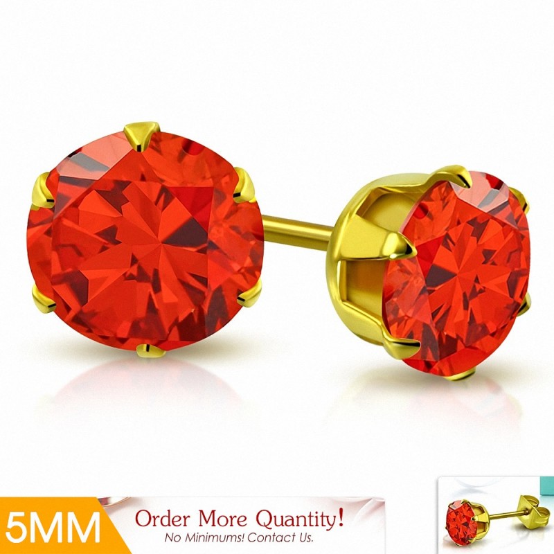 5mm | Boucles d'oreille rondes en acier inoxydable doré avec chaîne en forme de griffe avec zircon orange (paire)