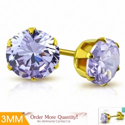 3mm | Boucles d'oreille rondes en acier inoxydable doré avec rondelles et goupilles rondes avec violet / violet CZ (paire)