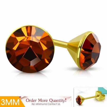 3mm | Boucles d'oreille rondes en forme de lunette sertie de rondelles doré avec cristaux de Stellux fumés de topaze