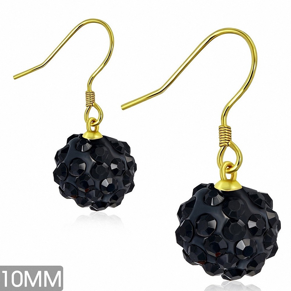 10mm | Boucles d'oreilles à crochet long Shamballa plaqué en couleur argent avec boule Disco Ball avec Jet Black CZ (paire)