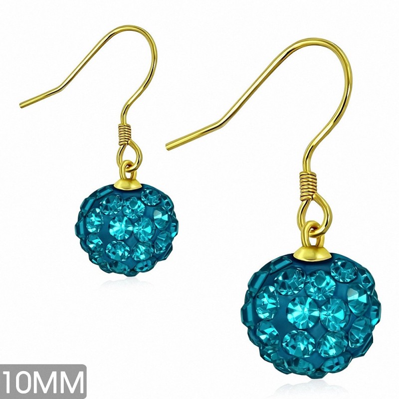 10mm | Boucles d'oreilles à crochet long Shamballa en acier inoxydable doré avec boucle Disco Ball avec Zircon bleu CZ (paire)