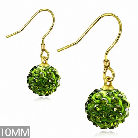 10mm | Boucles d'oreilles à crochet long Shamballa couleur argent avec boule Disco Ball avec olivine légère