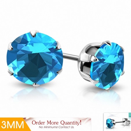 3mm | Boucles d'oreilles en acier inoxydable avec goupilles rondes en forme de griffes avec bleu ciel / aigue marine CZ (paire)