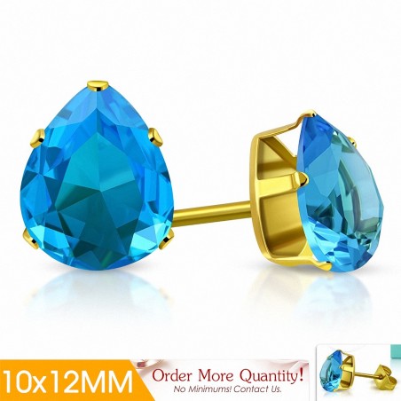 10x12mm | Boucles d'oreilles clous doré avec pinces et gouttes  doré avec bleu ciel / aigue marin