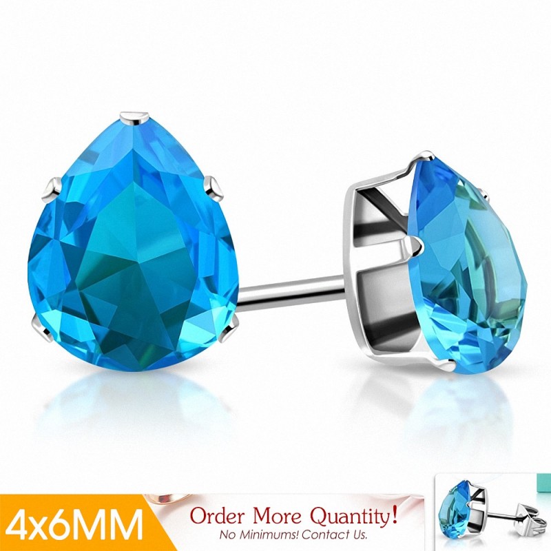 4x6mm | Boucles d'oreilles clous en acier inoxydable avec poire / larme en forme de pendentif / bleu ciel / aigue marine CZ