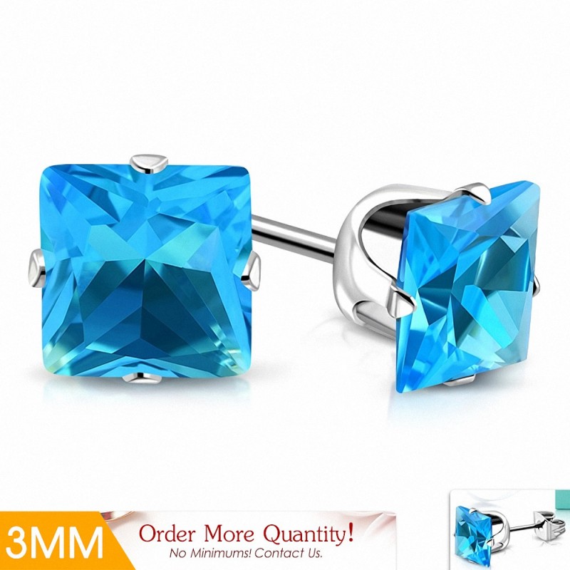 3mm | Boucles d'oreilles carrées  acier inoxydable avec griffes bleu ciel / aigue-marine CZ (paire)