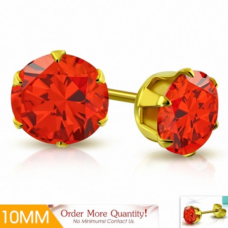 10mm | Boucles d'oreille rondes en acier inoxydable doré avec chaîne en forme de griffe avec zircon orange (paire)