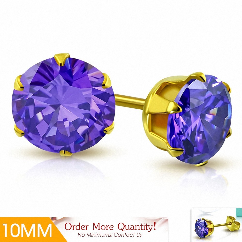 10mm | Boucles d'oreille rondes en acier inoxydable doré avec rondelles et goupilles rondes avec violet / violet CZ (paire)