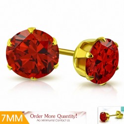 7mm | Boucles d'oreille rondes en acier inoxydable doré avec rondelles et clouss rond - Siry Red CZ (paire)