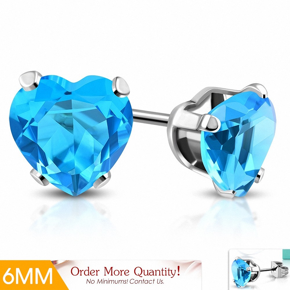 6mm | Boucles d'oreilles en forme de coeur en forme de coeur en acier inoxydable avec coeur - Bleu ciel / aigue marine CZ