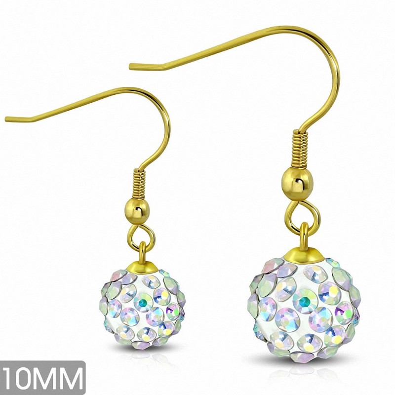 10mm | Boucles d'oreilles à crochet long Shamballa en acier inoxydable doré avec boucle Disco Ball avec Aurore Boreale