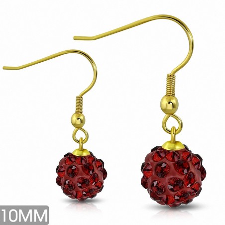 10mm | Boucles d'oreilles à crochet long Shamballa en acier inoxydable plaqué en couleur argent boule à facettes zircon rouge