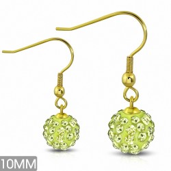 10mm | Boucles d'oreilles long Shamballa en acier inoxydable doré avec boucle Disco Ball avec Jonquil CZ (paire)