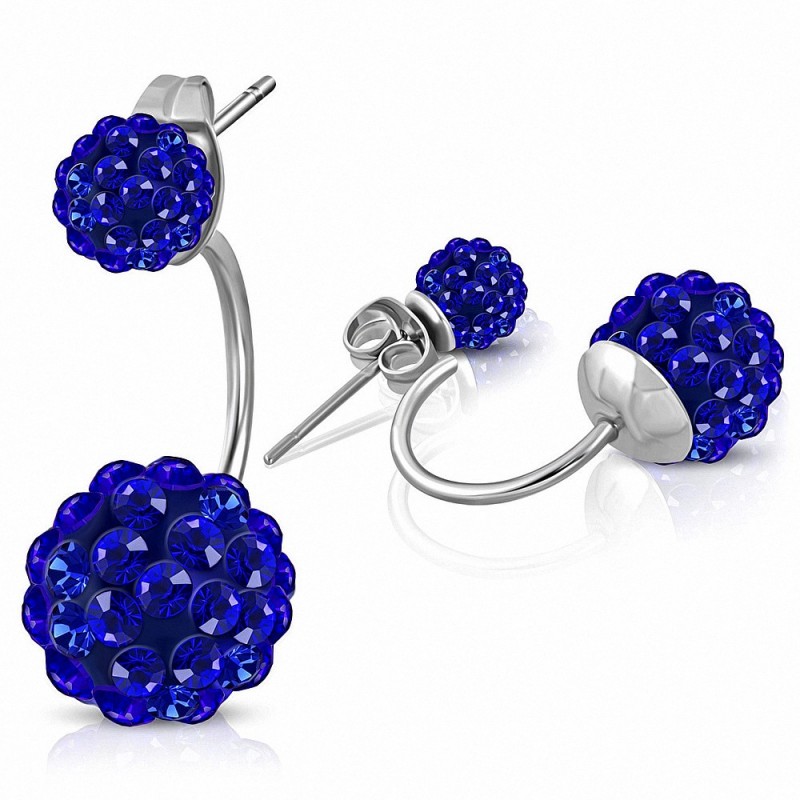 6mm & 10mm Balls Shamballa Argil Disco avec Bleu Capri CZ | Boucles d'oreilles double face en acier inoxydable (paire)