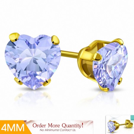 4mm | Boucles d'oreilles clous en forme de coeur en forme de coeur en acier inoxydable doré avec coeur violet