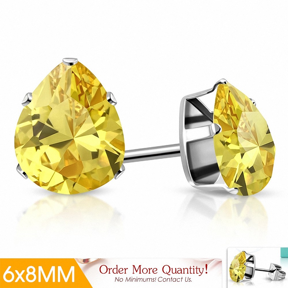 6x8mm | Boucles d'oreilles clous en acier inoxydable avec poire / larme et cz jaune (paire)