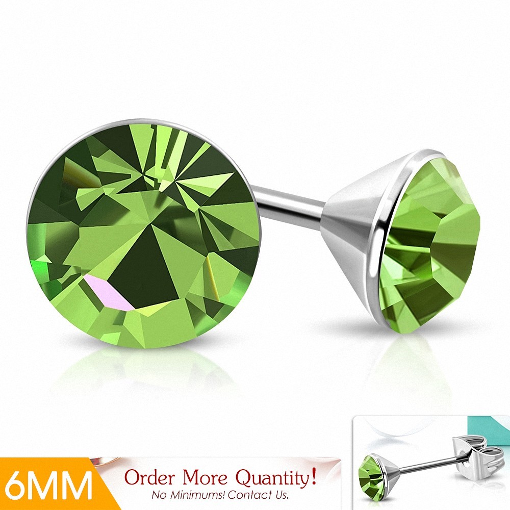 6mm | Boucles d'oreilles clous rondes en acier inoxydable avec sertissage lunette sertie de  olivine CZ (paire)