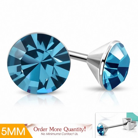 5mm | Boucles d'oreilles à cercle rond en acier inoxydable serti de diamants et aigue-marine CZ (paire)
