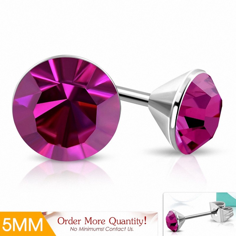 5mm | Boucles d'oreille rondes en acier inoxydable avec sertissage lunette sertie de rose CZ (paire)