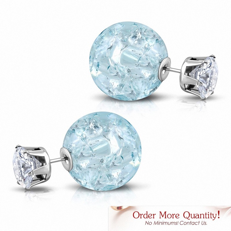 Boule en cristal bleu clair de 8 mm et de 15 mm CZ transparent | Boucles d'oreilles clous double face en acier inoxydable