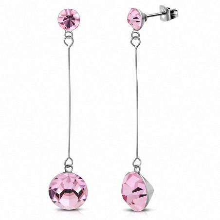 CZ 4mm & 7mm Cercle Rond Rose Rose Rose avec Boucles d'Oreilles Longues Goutte en Acier Inoxydable (paire)