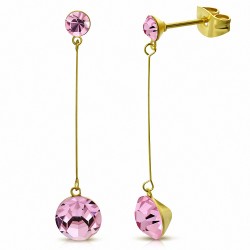 4mm & 7mm CZ Rond Rose Clair Rose CZ  doré Boucles D'oreilles Longues Goutte En Acier Inoxydable (paire)