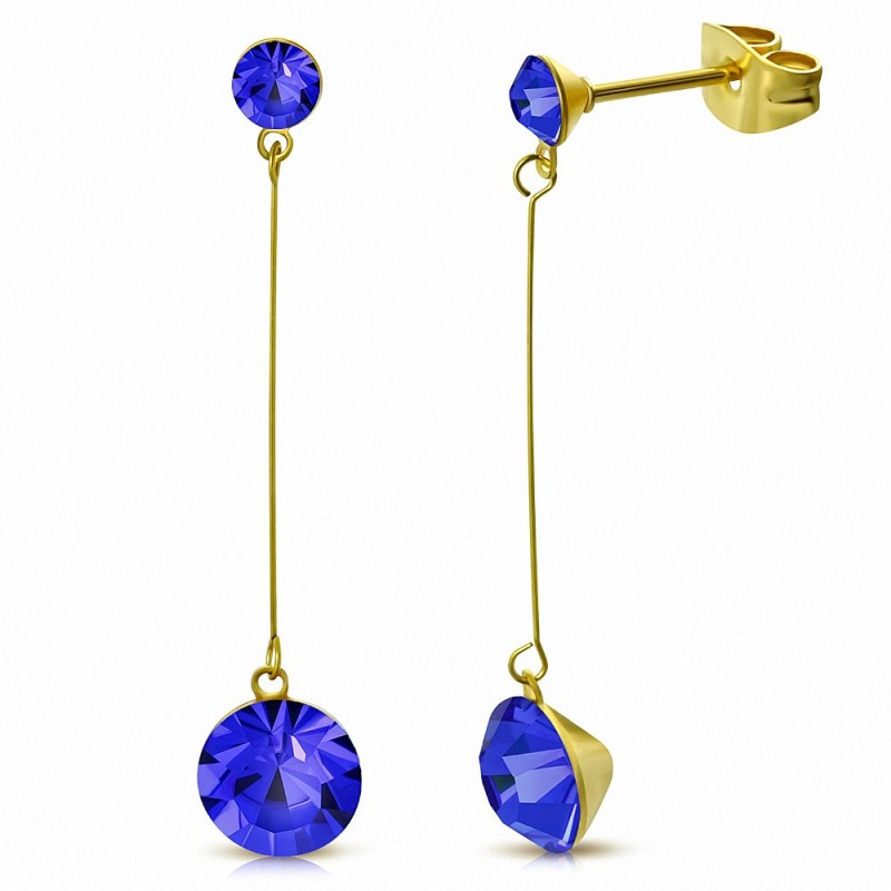 Cercle Capri Bleu CZ avec 4mm & 7mm Cercle doré en Acier Inoxydable Longues Gouttes (paire)