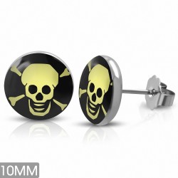 10mm | Boucles d'oreilles clous en acier inoxydable à trois tons avec tête de mort et cercle crâne (paire)