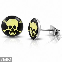 7mm | Boucles d'oreilles clous en acier inoxydable à trois tons avec tête de mort et cercle crâne (paire)
