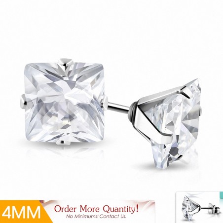 4mm | Boucles d'oreilles clous carrées en acier inoxydable avec  Clear CZ (paire)