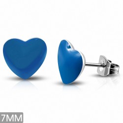 7mm | Boucles d'oreilles clous bleu amour coeur en acier inoxydable 2 tons (paire)