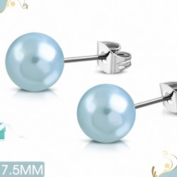 7.5mm | Boule de perle en acrylique bleu clair avec Boucles d'oreilles clous en acier inoxydable à 2 tons (paire)
