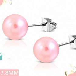 7.8mm | Boule de perles en acrylique rose avec Boucles d'oreilles clous en acier inoxydable 2 tons (paire)